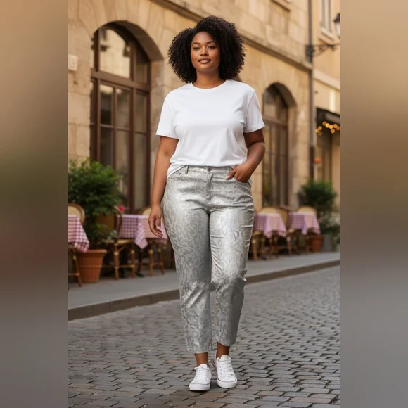 Chico's Platinum Denim Leopard Print Metallic Crop Jeans Size 3 (38) Silver - Picture 1 of 14